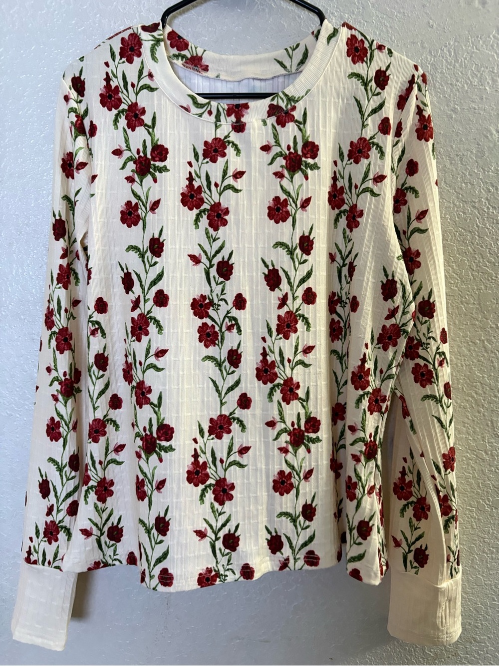 Women's White Floral Long-Sleeve Top with Red Flowers